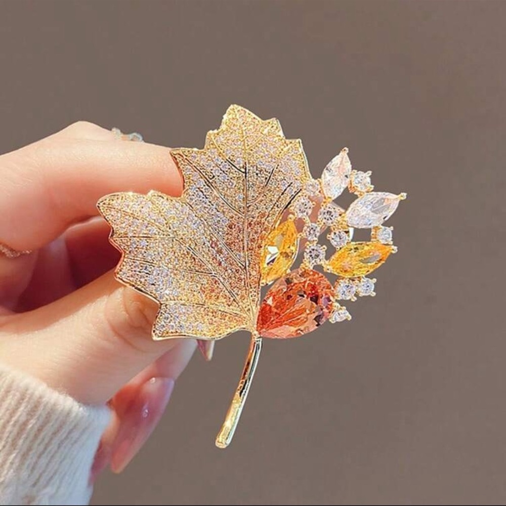Elegant Gold and Silver Leaf Brooch, Sparkling Rhinestone Maple Leaf Brooch